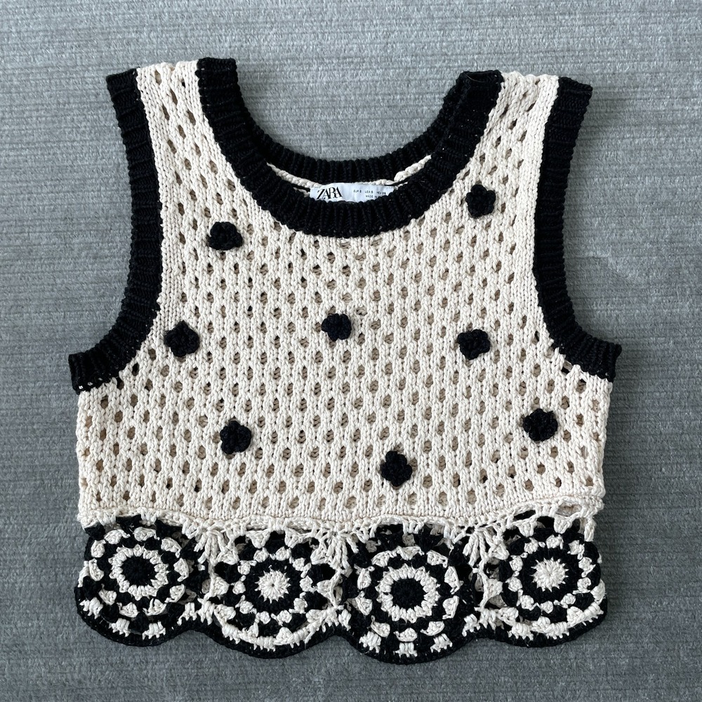 Zara Knit Top Women‎ S  Beige Crochet Sheer Sleeveless Crop Boho Cottagecore